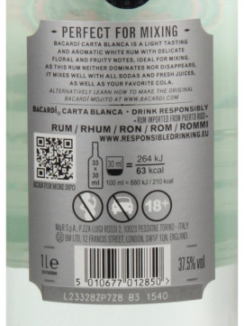 Rum Bacardí Carta Blanca 1Lº 37,5%